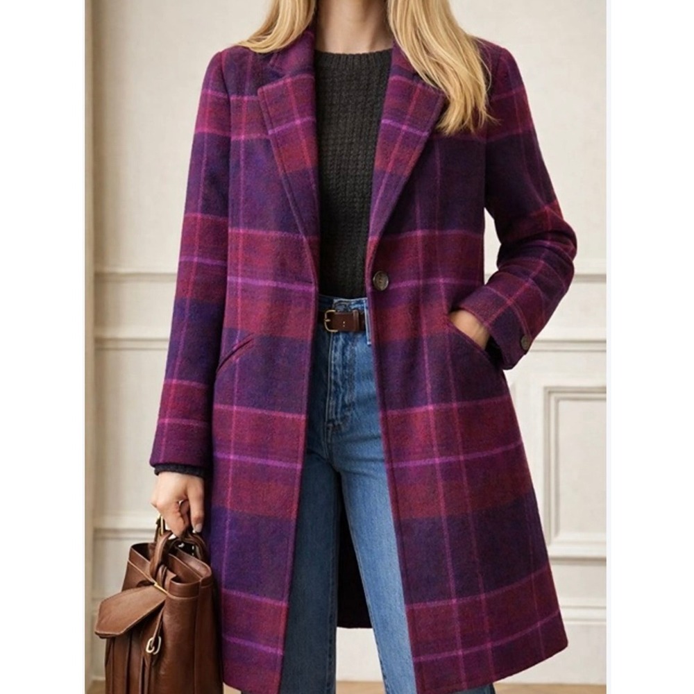 Anthropologie Pilcro Plaid Wool Blend Longline Coat Purple Burgundy Pink Med